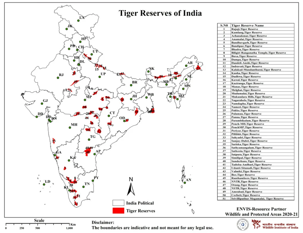 Map showing Tiger Reserves of India |  बाघ रिज़र्व | बाघ संरक्षण | Tiger reserves in India
